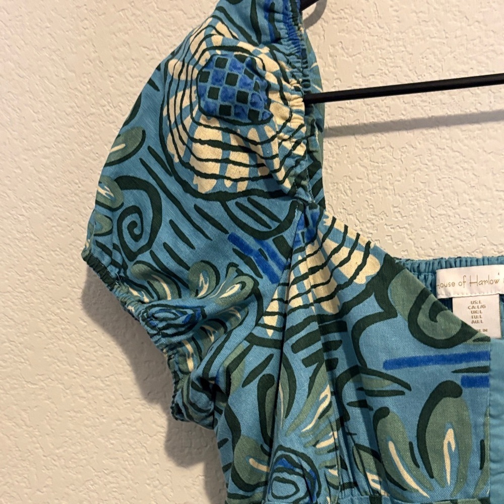 House of Harlow 1960 L blue and Green Abstract Patterned puff sleeve Mini Dress - Picture 4 of 6